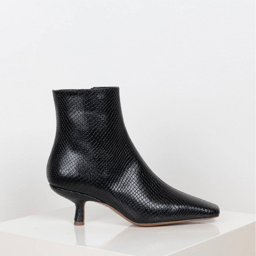 ByFar Lange kitten heel black leather boot. Embossed.